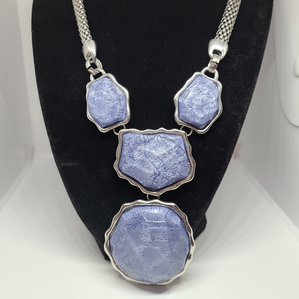 Statement Necklace Faux Blue Stones Woven Style Chain Silver Tone